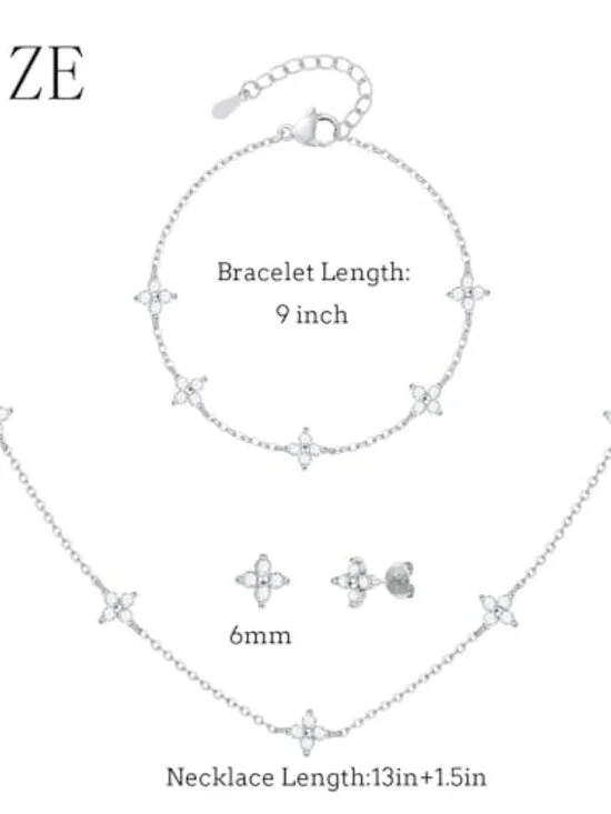 14K Silver Plated Four Leaf Bracelet Choker Necklace and Earring Jewelry Set - Picture 6 of 6